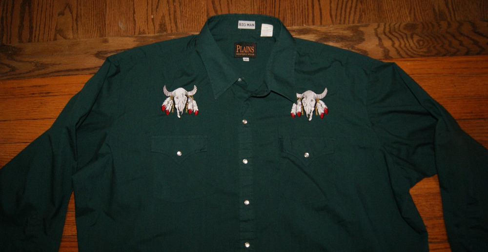 VTG Plains Western Wear Big Man 3XL Green Pearl Snap LS Shirt Bull Steer Skull